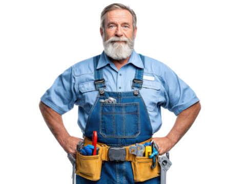 Master Artisan of Craft: A seasoned handyman, stands tall, hands confidently on hips, in his uniform. The tools displayed with the artisan ready to tackle any project.