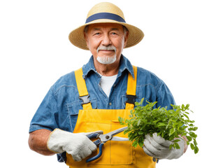 Gardener with Fresh Herbs: An elderly gardener, dressed in work overalls and a straw hat, tenderly tends to fresh herbs, scissors in hand, ready to curate the landscape.