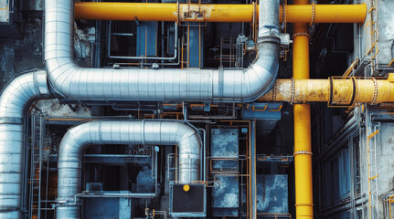 Intricate network of metal pipes and electrical systems in an industrial facility with branding space