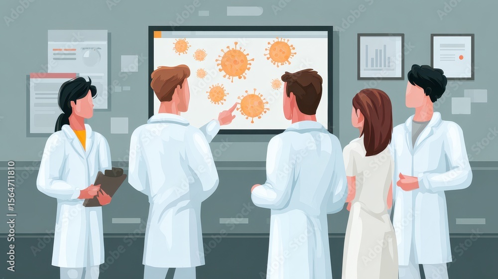 Poster scientists discuss virus data on a screen in a laboratory setting, showcasing collaboration and rese