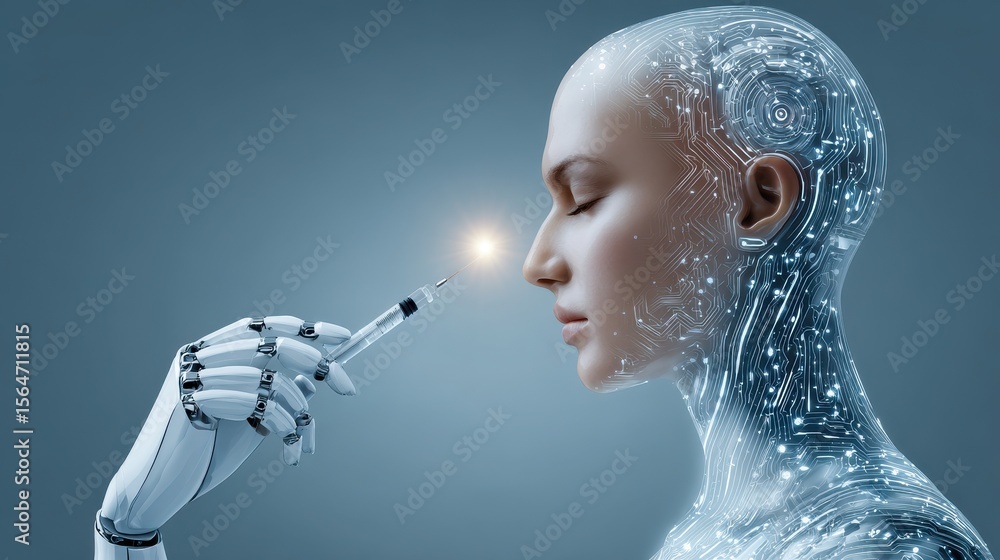 Poster a futuristic humanoid robot appears to inject a glowing substance into its own forehead, symbolizing