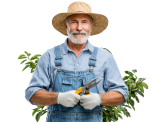 Gardener with Shears: An experienced gardener, clad in overalls and a straw hat, smiles warmly while holding pruning shears, ready to shape nature's beauty.