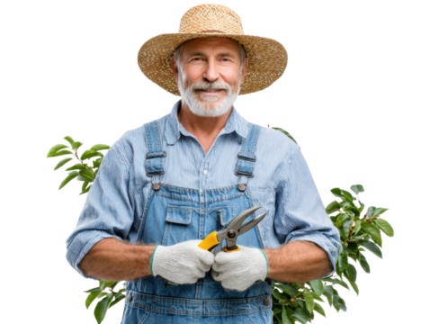 Gardener with Shears: An experienced gardener, clad in overalls and a straw hat, smiles warmly while holding pruning shears, ready to shape nature's beauty.