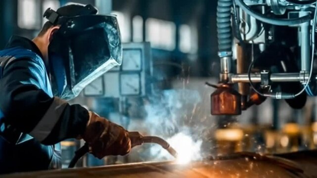 Industrial Welder at Work Precision Welding in a Modern Factory