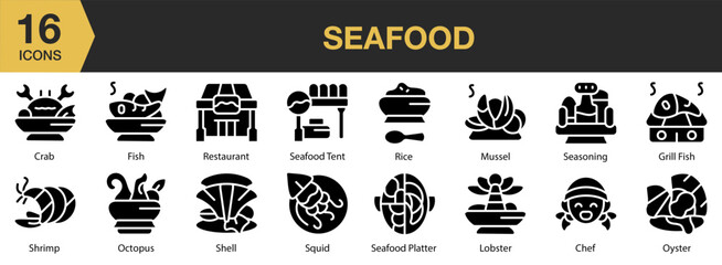 Seafood solid icon set. Includes sea, fresh, meal, ocean, marine, and More. Solid icons vector collection.