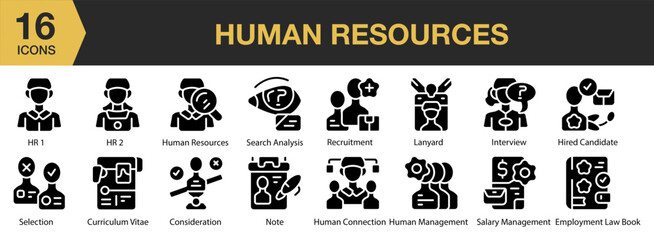 Human Resources solid icon set. Includes work, human, job, resource, leadership, and More. Solid icons vector collection.