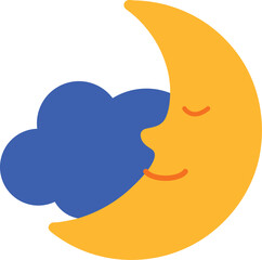 Cute crescent moon character sleeping next to a blue cloud. Ideal for bedtime visuals, night themes, lullaby content, or children's illustrations.