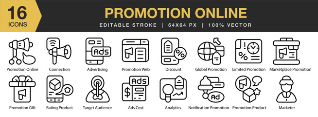 Promotion Online icon set. Editable Stroke Icon Collection. Includes promotion, online, marketing, digital, campaign, and More. Outline icons vector collection.