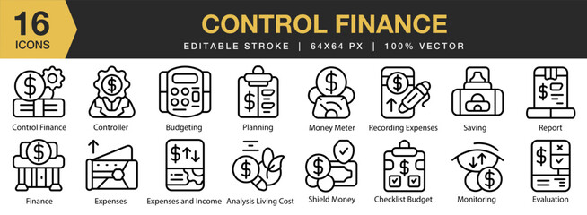 Control Finance icon set. Editable Stroke Icon Collection. Includes control, finance, budget, money, accounting, and More. Outline icons vector collection.