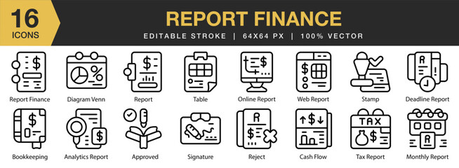 Report Finance icon set. Editable Stroke Icon Collection. Includes report, finance, accounting, budget, analysis, and More. Outline icons vector collection.