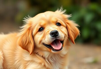 Golden retriever puppy, head tilted, playful expression, happy, adorable,  fur,  picture
