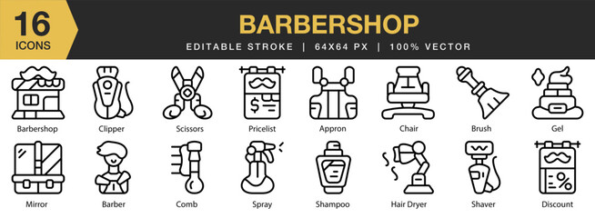Barbershop icon set. Editable Stroke Icon Collection. Includes barber, barbershop, hairdresser, haircut, hair, and More. Outline icons vector collection.