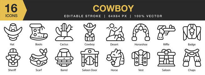 Cowboy icon set. Editable Stroke Icon Collection. Includes western, cowboy, rodeo, texas, wild, and More. Outline icons vector collection.