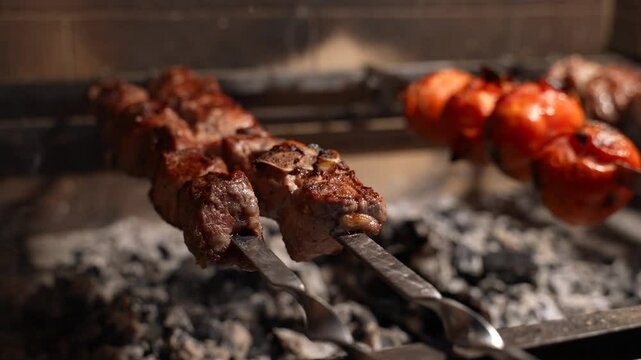 Delicious Juicy Meat Steak Cooking on Grill. Hot Pan. Slow Motion Footage.