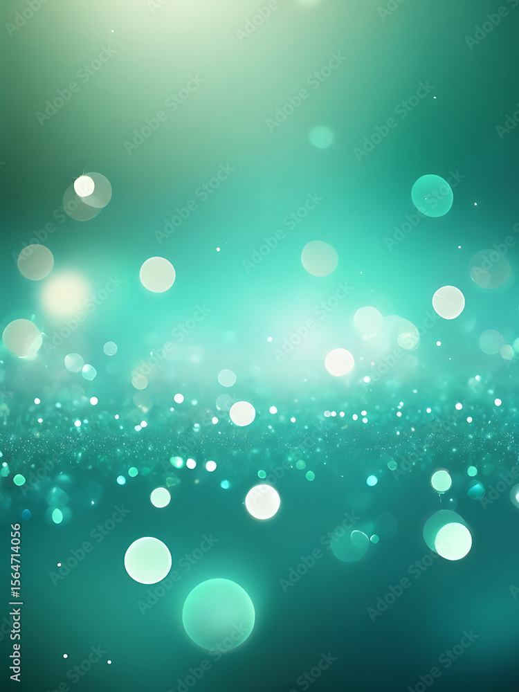 Poster abstract glowing blue green gradient bokeh background, sparkling light particles, smooth texture and