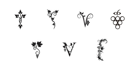 Stylized grape vine silhouettes with artistic flourishes and curling stems, perfect for wine-themed illustrations, branding, and organic label design

