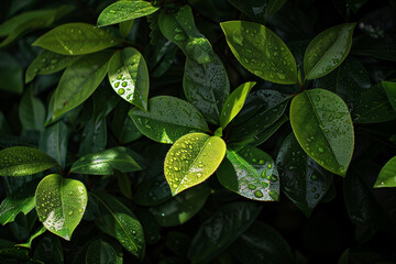 Green Leaves with Water Droplets