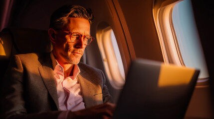 Executive traveler focused on laptop, business class airplane seat