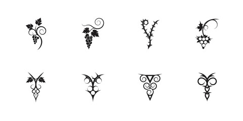 Minimalist grape vine silhouettes set featuring curling tendrils and stylized leaves for classy wine-themed logos, packaging, and decoration designs

