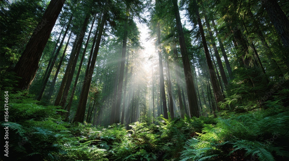 Poster a serene forest scene with tall trees and soft sunlight filtering through the foliage, creating a tr