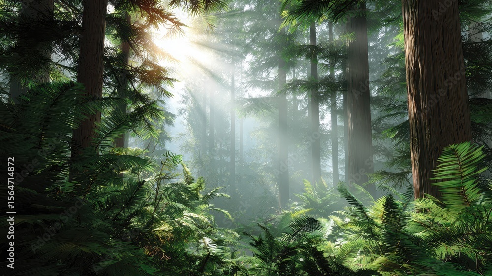 Poster sunlight filters through tall trees in a lush forest, creating a serene and mystical atmosphere rich