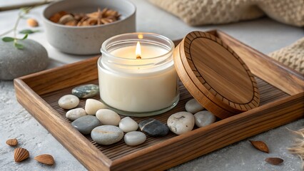 A candle with a wooden lid and smooth stones on a wooden tray for a spa like relaxation scene setup