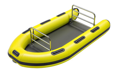 Inflatable dinghy with high-visibility yellow pontoons and rescue equipment racks