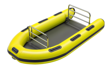 Inflatable dinghy with high-visibility yellow pontoons and rescue equipment racks