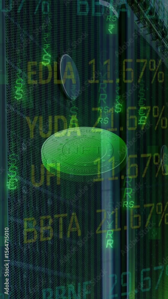 Poster animation of coins with nft and financial graphs and data over servers