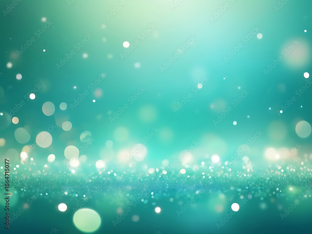 Poster abstract glowing blue green gradient bokeh background, sparkling light particles, smooth texture and