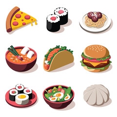 vector icons cooking food chef hat include a pizza slice, a sushi roll, spaghetti and meatballs, a curry bowl burger , fish 
