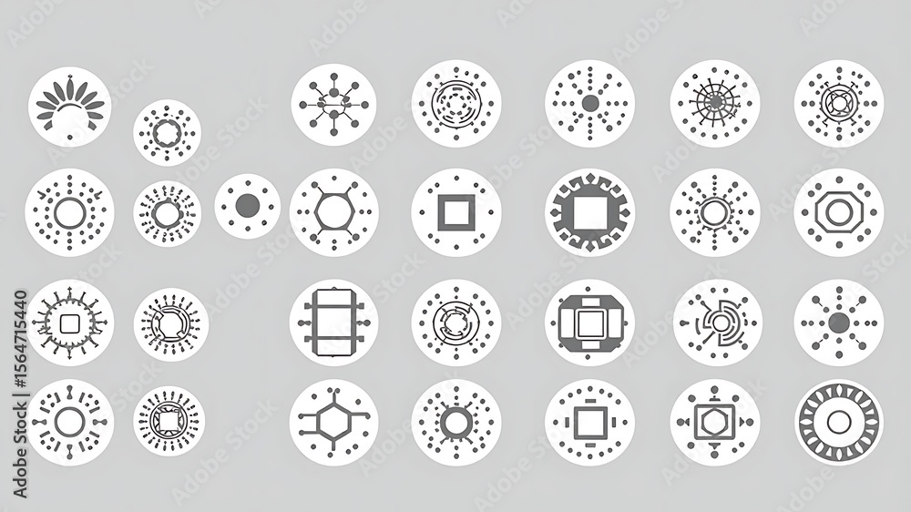 Poster diverse collection of abstract circular geometric designs arranged in a minimalist grayscale style.