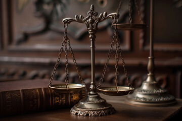 Justice Scales and Law Book in Courtroom