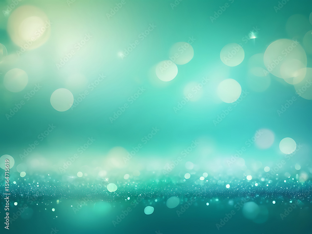Poster abstract glowing blue green gradient bokeh background, sparkling light particles, smooth texture and
