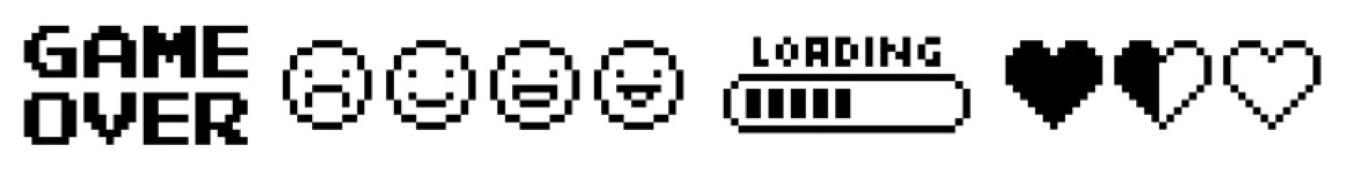 pixel game icons set with loading bar hearts and emoticons