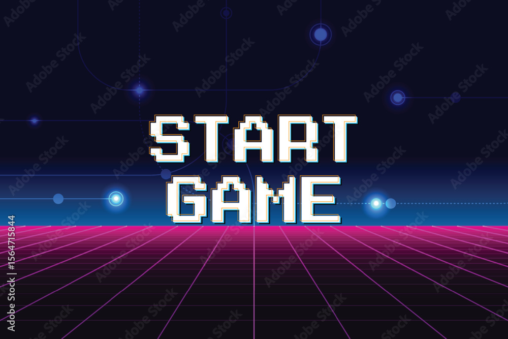 Poster start game. pixel art .8 bit game. retro video game. for game assets. retro futurism sci-fi backgrou