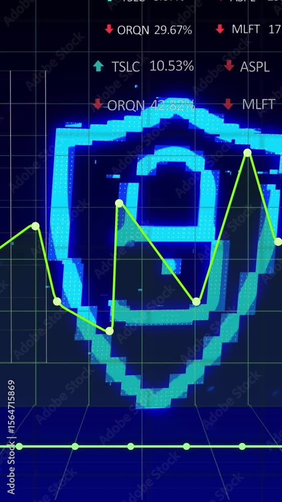 Poster animation of graphs, financial data and digital padlock on navy background
