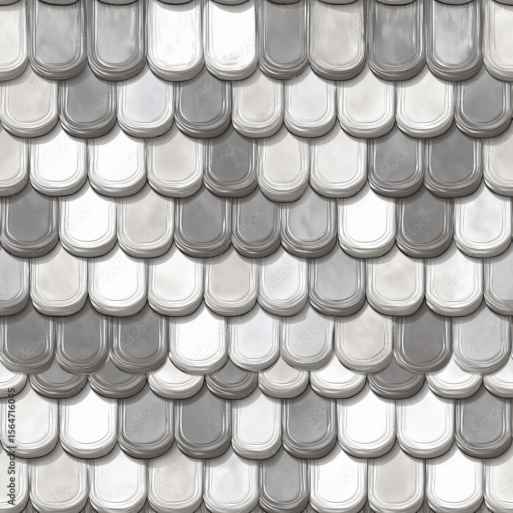 Poster close up view of overlapping silver and gray scalloped tiles creating a textured pattern design
