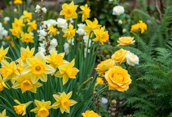 Fototapeta premium Vibrant yellow daffodils, mustard roses, white freesias, eucalyptus, and ferns in a spring garden, greenery, freesia