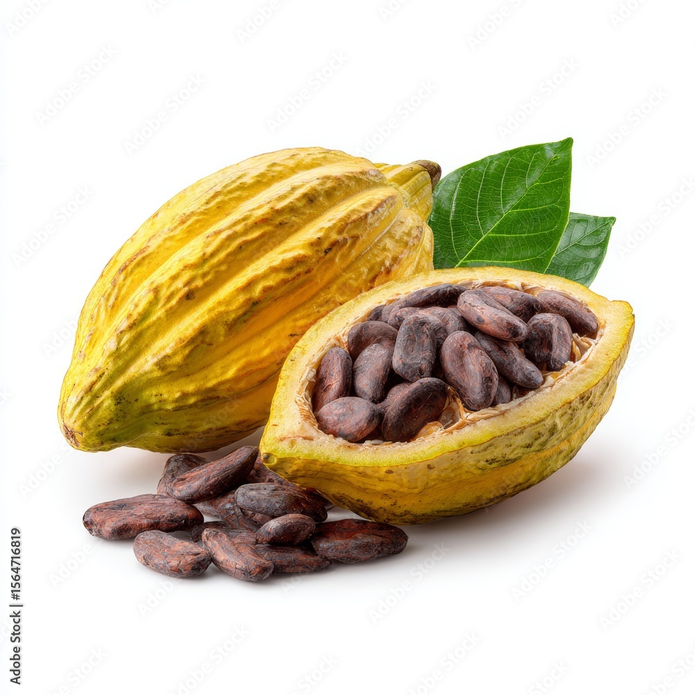 Poster fresh cocoa pods are artistically displayed, revealing the valuable cocoa beans within. a testament 
