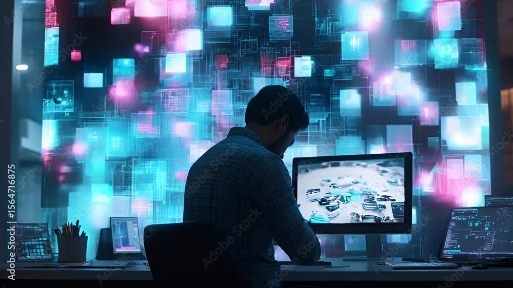 Poster data analyst working with immersive interface and futuristic digital technology