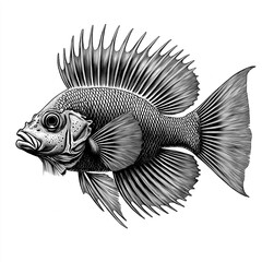 Monochrome Lionfish Illustration - Spiky Sea Creature