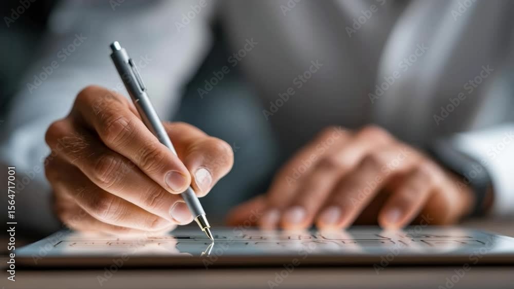 Poster a person using a stylus to write or draw on a digital tablet, showcasing creativity and technology.