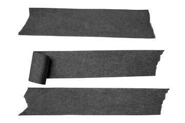 Black adhesive tape paper. wrinkle matte masking tape sticker, Torn pieces adhesive tape set on transparent background . Template mock up for for labels, text. realistic design element, isolated PNG