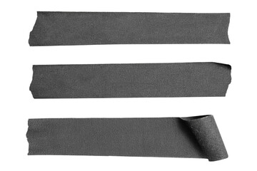Black adhesive tape paper. wrinkle matte masking tape sticker, Torn pieces adhesive tape set on transparent background . Template mock up for for labels, text. realistic design element, isolated PNG