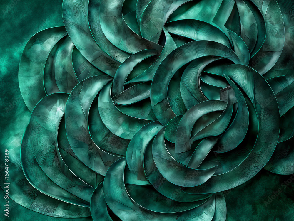 Poster a swirling abstract pattern of curved shapes in shades of green and teal with a textured background