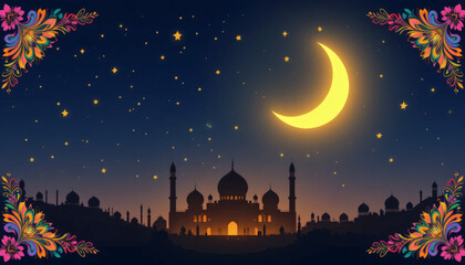 Moonlit Mosque with Floral Frame