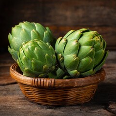 Fototapeta premium Three artichokes in a wicker basket, showcasing a rustic aesthetic