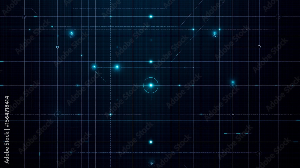 Poster a grid with glowing dots and lines in a dark blue background creating a futuristic technology look