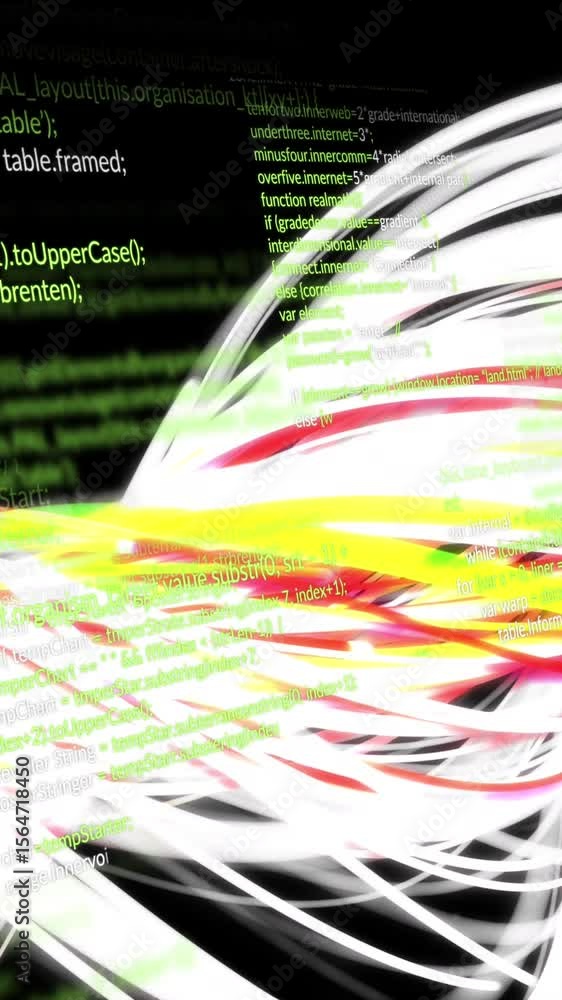 Poster animation of wavy lights and data processing on black background